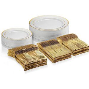 125 Piece Gold Dinnerware Party Set-50 Gold Rim Plastic Plates, 25 Dinner Plates
